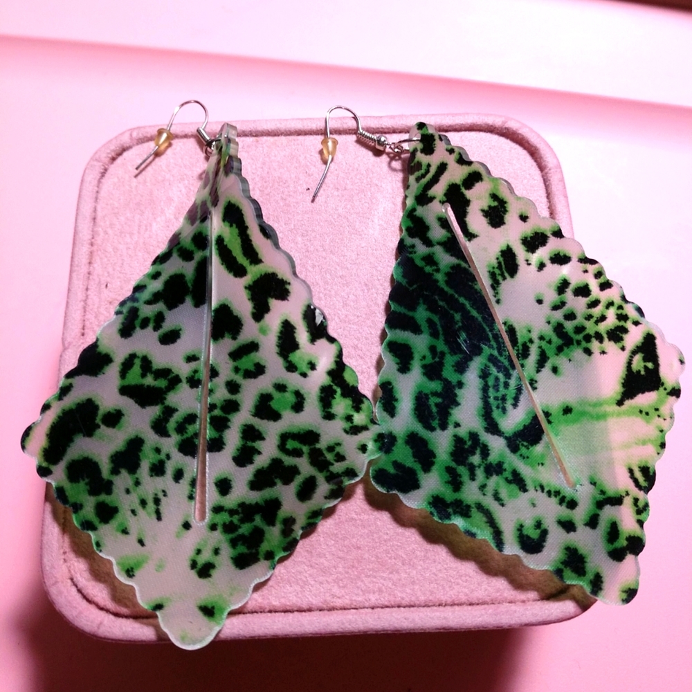 VTG Earrings Large Dangle Long Lucite Greens BoHo Pierced Statement 1980’s